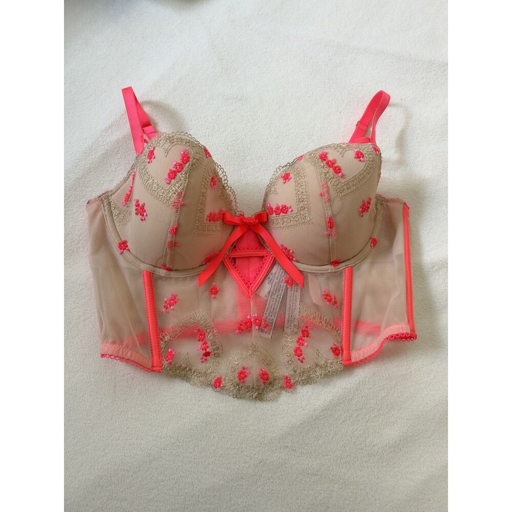 Victoria’s Secret Dream Angels Gold & Coral Bustier Corset Floral Demi Bra 34D